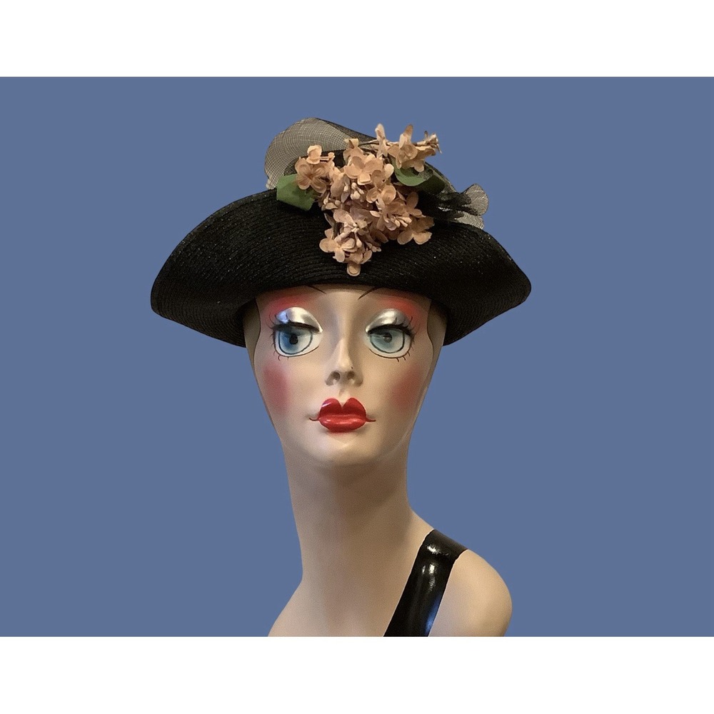 Vintage Womens Black Straw Hat Pink Flowers 1930's Dressy Hat